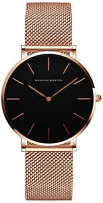 HANNAH MARTIN Très Mince Montre pour Femme Quartz Analogique Étanche Acier Inoxydable (Surface Noir, Ceinture Doré Rose)