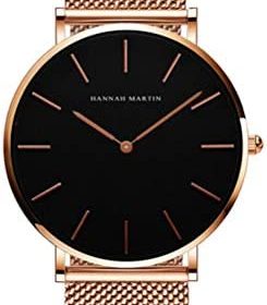 HANNAH MARTIN Très Mince Montre pour Femme Quartz Analogique Étanche Acier Inoxydable (Surface Noir, Ceinture Doré Rose)