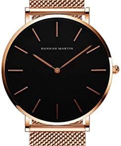 HANNAH MARTIN Très Mince Montre pour Femme Quartz Analogique Étanche Acier Inoxydable (Surface Noir, Ceinture Doré Rose)
