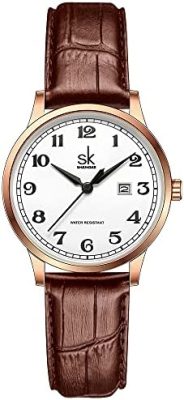 SHENGKE SK Classic Business Women Montres avec Bracelet en Acier Inoxydable et Montre élégante en Cuir véritable pour Dames (Rosegold-Brown)