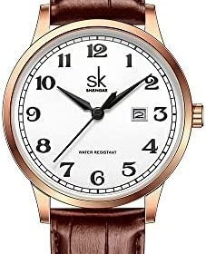 SHENGKE SK Classic Business Women Montres avec Bracelet en Acier Inoxydable et Montre élégante en Cuir véritable pour Dames (Rosegold-Brown)