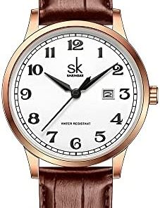 SHENGKE SK Classic Business Women Montres avec Bracelet en Acier Inoxydable et Montre élégante en Cuir véritable pour Dames (Rosegold-Brown)