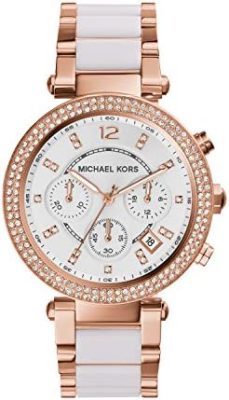 Michael Kors Montre pour Femme Parker, Mouvement Chronographe à Quartz, Boîtier en Acier Inoxydable or Rose 39 mm avec Bracelet en Acétate Et Acier Inoxydable, MK5774  Michael Kors