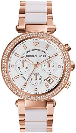 Michael Kors Montre pour Femme Parker, Mouvement Chronographe à Quartz, Boîtier en Acier Inoxydable or Rose 39 mm avec Bracelet en Acétate Et Acier Inoxydable, MK5774  Michael Kors