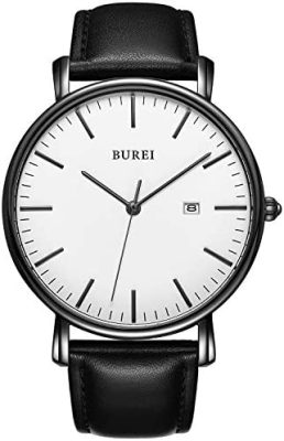 BUREI Montre Homme Gypsophila Slim Quartz Minimaliste avec Affichage de la Date et Bracelet en Cuir