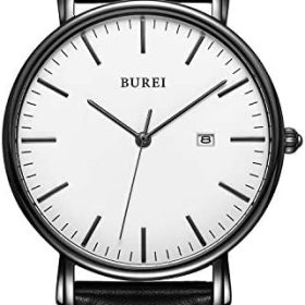 BUREI Montre Homme Gypsophila Slim Quartz Minimaliste avec Affichage de la Date et Bracelet en Cuir