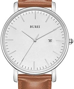 BUREI Ultra Mince Minimaliste Montre Homme Calendrier Chic fenêtre Moderne Simple Grand Cadran Bracelet en Cuir