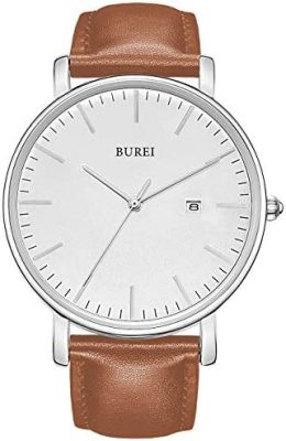 BUREI Ultra Mince Minimaliste Montre Homme Calendrier Chic fenêtre Moderne Simple Grand Cadran Bracelet en Cuir
