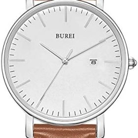 BUREI Ultra Mince Minimaliste Montre Homme Calendrier Chic fenêtre Moderne Simple Grand Cadran Bracelet en Cuir