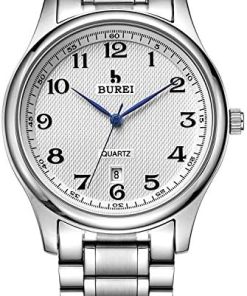 BUREI Hommes Femmes Quartz Montre Date Affichage Blanc/Noir Cadran avec Argent Acier Inoxydable Bande