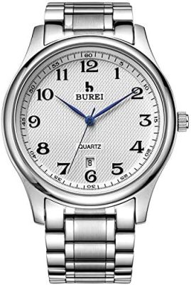 BUREI Hommes Femmes Quartz Montre Date Affichage Blanc/Noir Cadran avec Argent Acier Inoxydable Bande