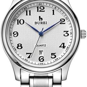 BUREI Hommes Femmes Quartz Montre Date Affichage Blanc/Noir Cadran avec Argent Acier Inoxydable Bande